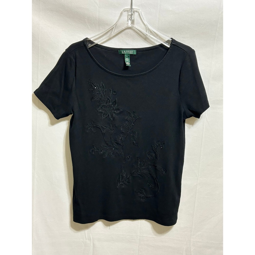 Lauren Ralph Lauren Black Floral Embroidered Sequin Scoop Neck Cotton Tee Large‎
